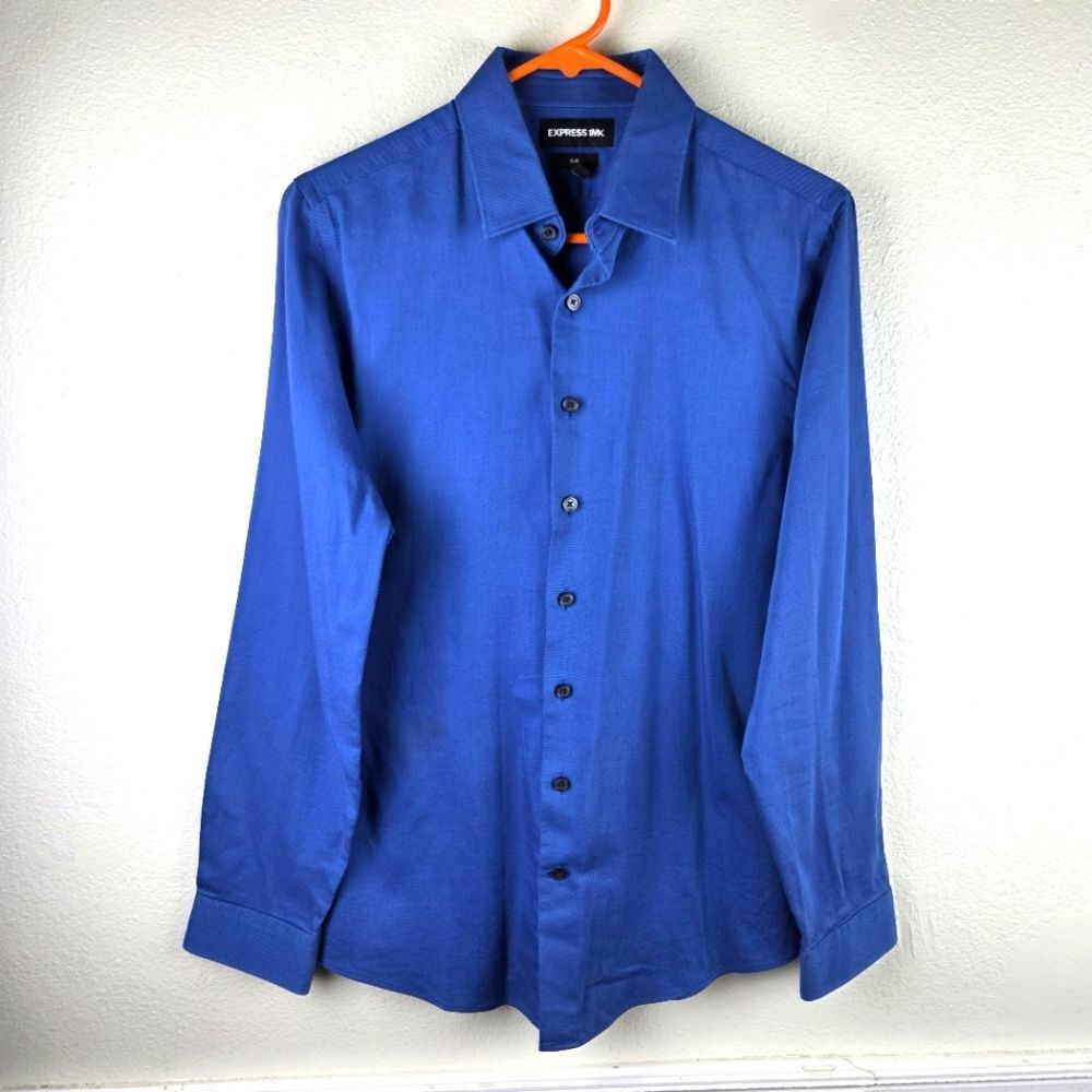 Express 1MX Men's Blue Dress Shirt Slim Fit S 14-14.5 Long Sleeve Stretch